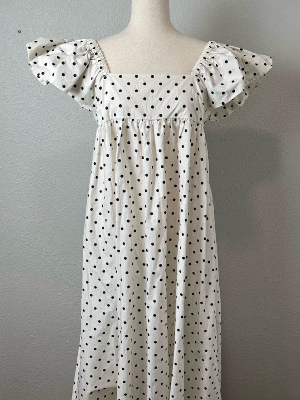 H&M white with black polka dot midi dress with ruffled sleeves